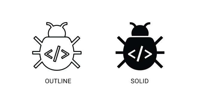 Black and white bug icons with code symbols on their backs