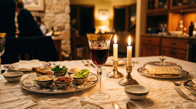 A cup for the Prophet Elijah and special plates in a classic traditional style, featuring warm golden and burgundy tones, for the festive Passover Seder