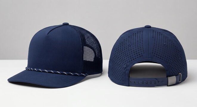 Two views of a navy blue trucker hat with a rope detail on the brim and mesh sides