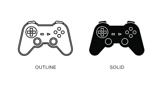 Vector illustrations of gaming controllers in outline and solid styles for design use