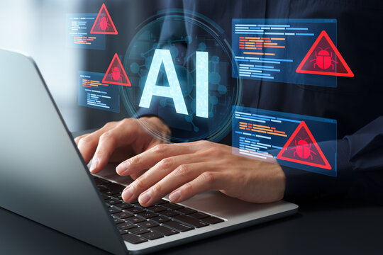 AI tool for detecting bugs in source code. Automatically identifying bugs and suggesting possible fixes. Programmer using AI code analysis system on laptop computer.