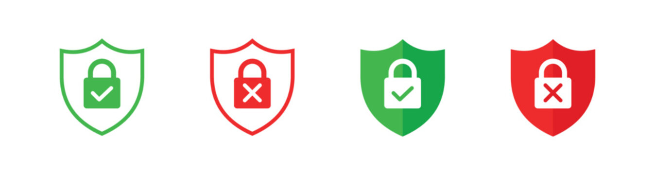 Security icon set with shield and padlock symbols, safe and unsafe protection status vector illustration