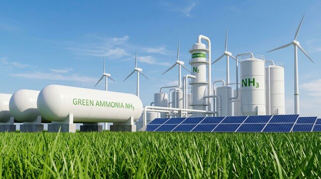 Green Ammonia, Renewable Energy, Sustainable Industry, Solar Power, Wind Turbine, Hydrogen Production, Clean Technology plant featuring storage tanks and solar panels under a clear blue sky.