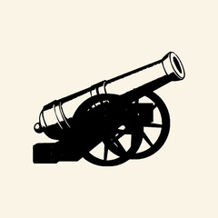 Obraz premium Vintage Military Cannon on Wheeled Carriage, Bold Retro Ink Illustration