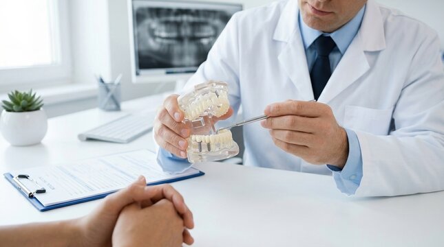 dental implant, dentist, dentistry, consultation, jaw model, oral health, stomatology, showing a professional dentist explaining procedure to a patient in a modern clinic with an X-ray.