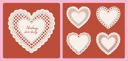 Vintage Heart Lace Doily Collection, elegant coquette valentine vector set. Romantic antique lace frame illustration for wedding, scrapbook, greeting card design © Anna