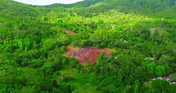 Aerial view of seven coloured earths on island Mauritius. Tourist attraction on island Mauritius