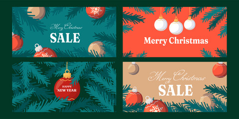 Naklejka premium Vector set of Christmas and New Year sale banners with festive decorations, pine branches, and ornaments. Holiday promotional design for advertising, social media, or winter discounts.