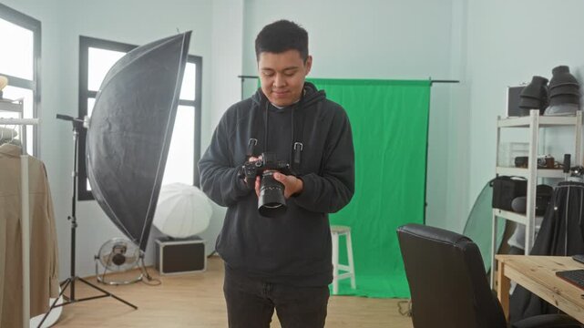 Man adjusting camera settings with both hands in studio with green screen, softbox, umbrella reflector, stool and shelving gear; preparation concentration.