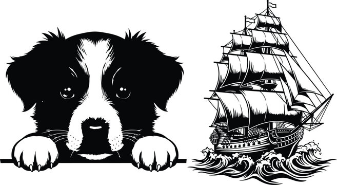 Black and white of a cute puppy peeking over a surface next to a sailing ship on choppy waves canine