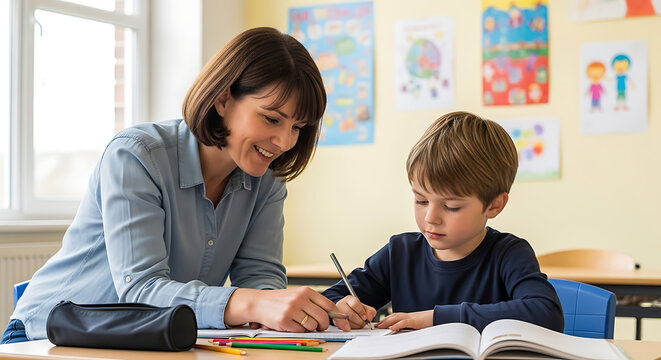 Woman helping a young boy with his schoolwork at a desk
