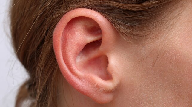 Close-up Image of a Human Ear Capturing the Intricate Details of the Outer Ear Structure and Texture, Ideal for Medical, Educational, or Artistic Use