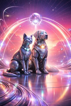 Futuristic robotic cat dog duo