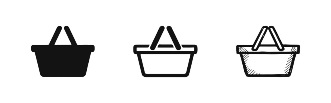 Shopping basket icon set for retail, e-commerce, and market in different styles.