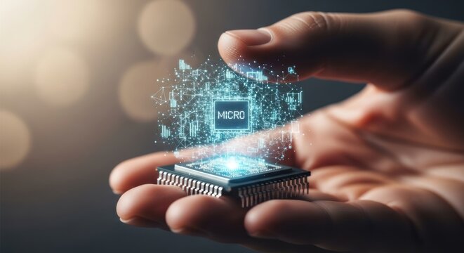 Hand holding glowing futuristic microprocessor chip with holographic data streams connectivity lines, for artificial intelligence, digital innovation, advanced semiconductor technology