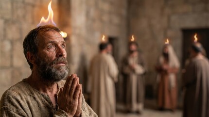 Fototapeta premium Man apostle praying with flames above his head during Pentecost. Religious concept of the descent of the Holy Spirit for Christian church.