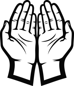 Two cupped open hands reaching upwards in a gesture of prayer or supplication against a white background