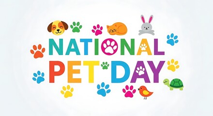 Fototapeta premium National pet day celebration graphic with cute animal icons and paw prints