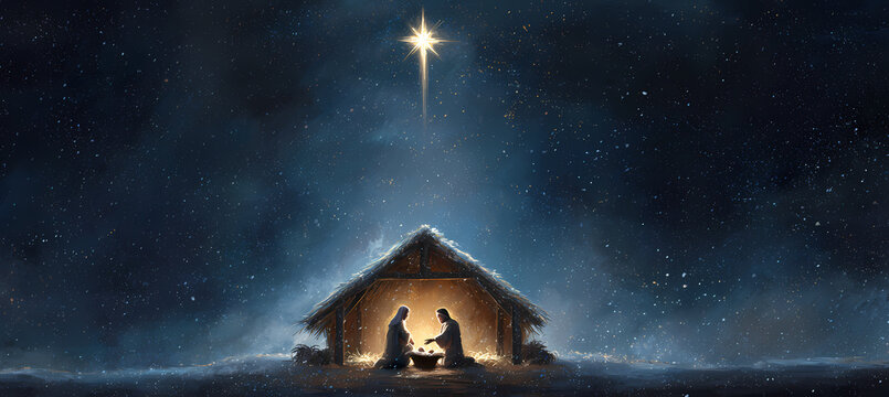 Illustrazione del presepe con la Sacra Famiglia e la Stella di Betlemme nella mangiatoia