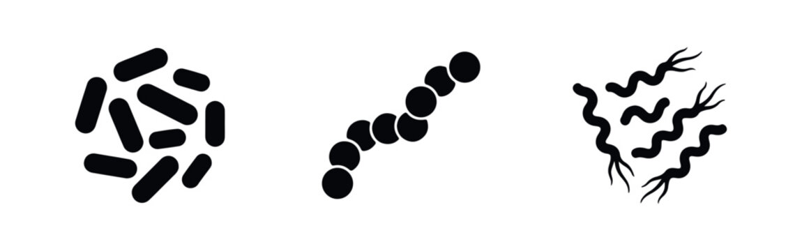 Set of common bacteria and microbe icons in black