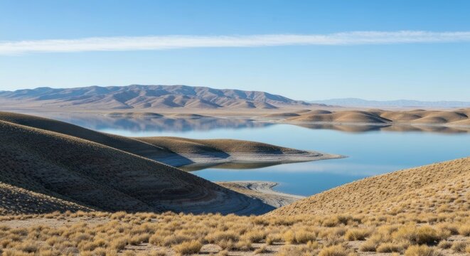 Scenic landscape of Rye Patch Reservoir in Nevada with mountains.