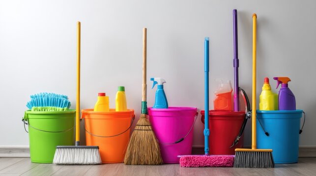 Vibrant Cleaning Supplies Arrangement for Home and Office Use Featuring Colorful Buckets, Mops, Brushes, and Cleaning Products on a Wooden Floor
