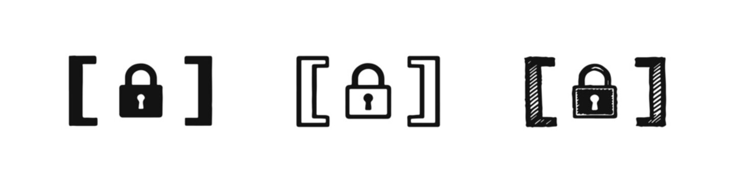 Square Brackets with Padlock Icon Set Representing Secure Data or Code.