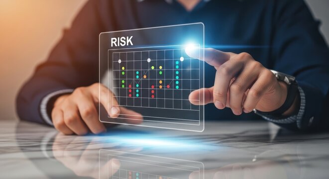 Businessman interacting with futuristic holographic risk assessment chart with colorful data points trends, for strategic planning, financial management, decision making in modern business
