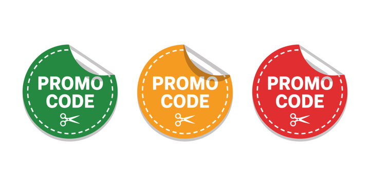 Colorful promo code stickers with dashed lines and scissors