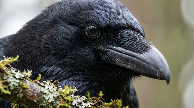 Close-up of a black raven's head.