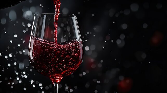 Aussie Wine Month:Extreme macro shot of deep red Australian Shiraz being poured into crystal wine glass, frozen splash and droplets suspended in mid-air, black reflective surface