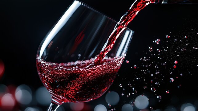 Aussie Wine Month:Extreme macro shot of deep red Australian Shiraz being poured into crystal wine glass, frozen splash and droplets suspended in mid-air, black reflective surface