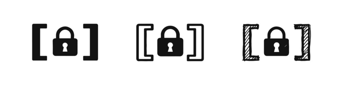 Padlock Security Icon in Square Brackets Set - Solid, Outline, and Hand-Drawn Styles