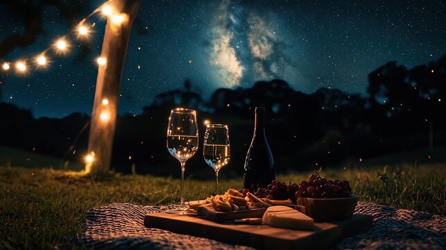 Romantic night picnic in Australian vineyard, glowing string lights hanging between wooden posts, two wine glasses catching warm light, grazing board with fruits and cheese on blanket