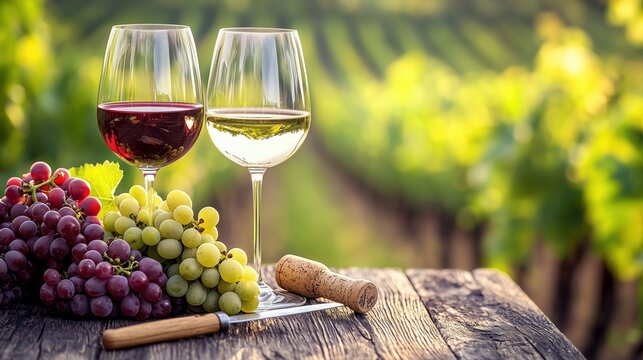 Elegant Australian wine tasting setup outdoors, two glasses of deep red Shiraz and pale Chardonnay on weathered wooden table, bunch of ripe grapes, cork and sommelier knife, blurred vineyard landscape