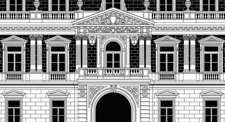 Ornate Classical Building Facade with Arched Entrance and Balcony. © izas