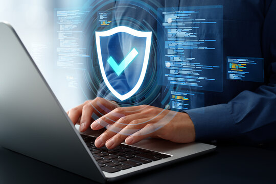 Secure development and coding. DevSecOps. Application and software security. Source code and shield with check mark icons. Programmer using laptop computer for programming.