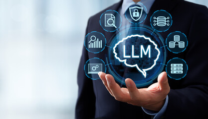On premises LLM large language model. Private AI environment and local infrastructure. Businessman holding AI hologram. © tadamichi