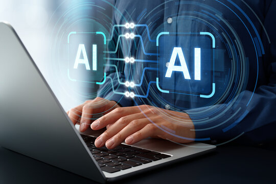 Multi AI agent orchestration system. Automated collaborative network technology. Businessman using intelligent automation tool on laptop computer.