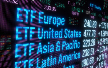 Fototapeta premium ETF exchange traded fund Europe, United States or Asian stock market, investment prices moving up. Financial market, risk, making money, strategy, wealth, growth.