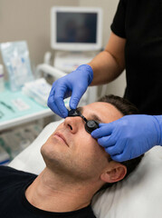 Fototapeta premium Man receiving professional laser skin treatment with protective eye goggles