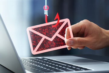 Phishing attack and scam email. Man falling victim to phishing. Spoofing and fraudulent messages...