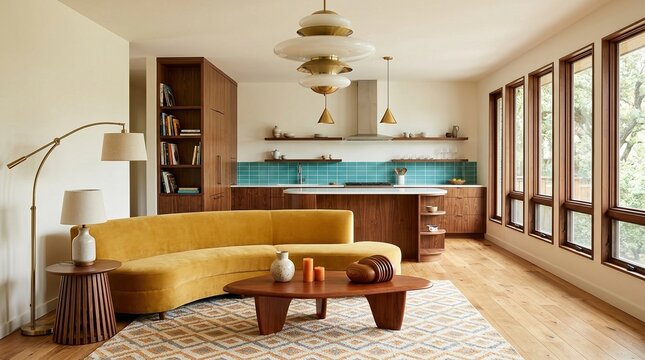 Mid-century modern, living room, kitchen, yellow sofa, interior design, open plan, contemporary home featuring wood cabinets, teal tile backsplash, and elegant designer lighting.