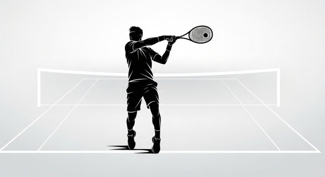 Silhouette of a tennis player hitting a forehand shot on a court.