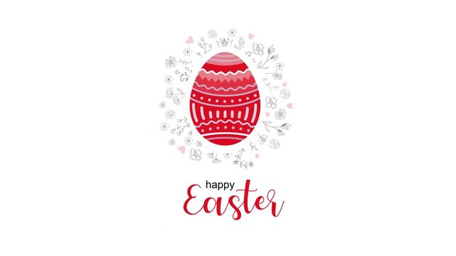 Easter egg, many flowers and inscription: Happy Easter