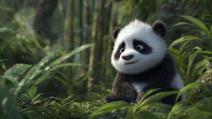 Obraz premium Cute baby panda sitting in a lush green bamboo forest