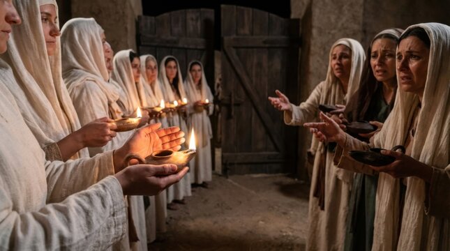 Woman group acting the biblical parable of ten virgins with oil lamp. Wise maiden holding glowing lamp and foolish maiden begging for oil. New testament religious scene in ancient robe.