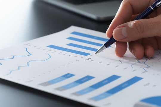 Business report and financial data analysis. Document with graphs and charts. Businessman reviewing plan and making decisions on desk.
