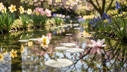 Fototapeta premium Yellow and White Flowers Floating on a Peaceful Pond with Golden Bokeh