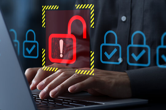 Hacker exploits network security vulnerabilities and misconfigurations to gain unauthorized access. Unlocked padlock icons. Hacker using laptop computer for hacking.